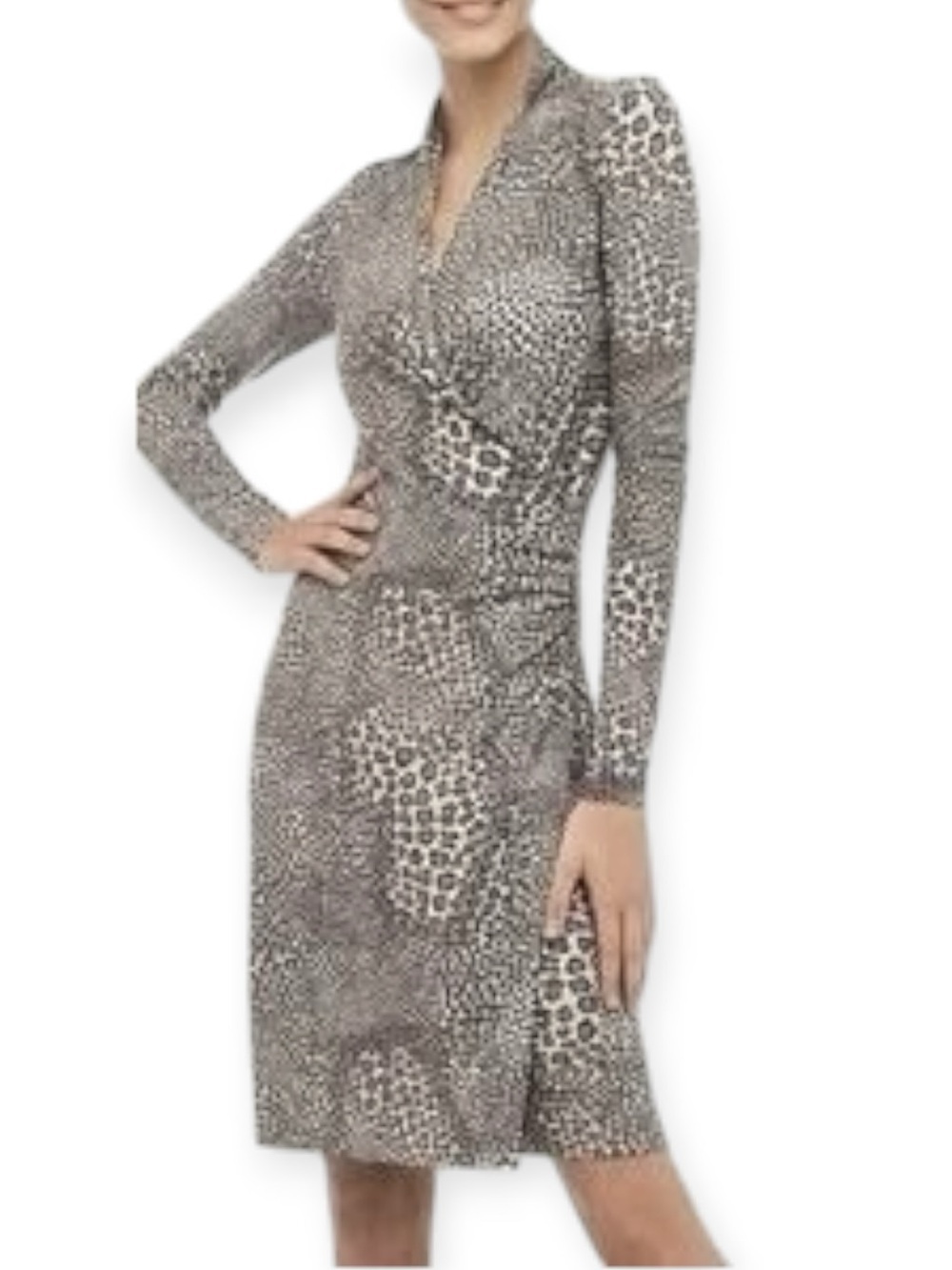NORMA KAMALI Long Sleeve Animal Print Dress Gray Black Faux Wrap Cheetah M Party